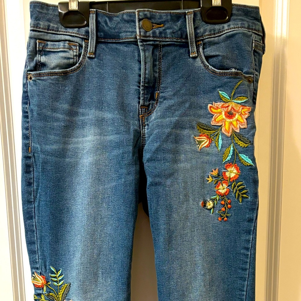 Embroidered Rockstar Mid Rise Skinny Jeans